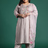 Indyancart Women's Floral Embroidered Regular Thread Work Round Neck Kurta with Trousers & Dupatta