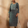 Dhiyona IE Green and White Round Neck Geometric Printed Mirror Work Straight Kurta