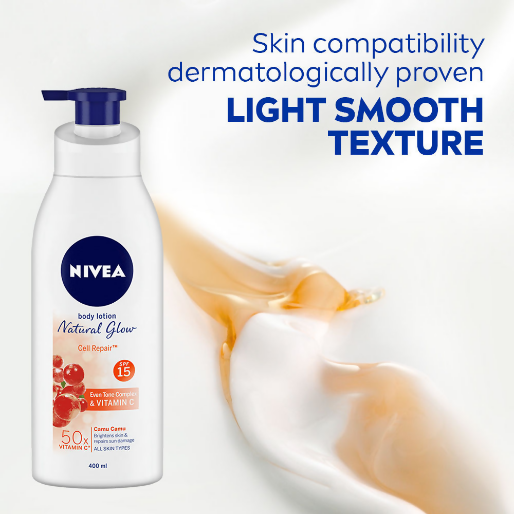 Nivea sunscreen and 50X Vitamin C body lotion bottles displayed side by side, showcasing their packaging and labeling.