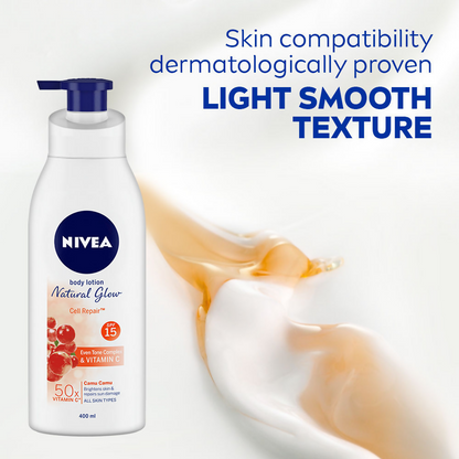 Nivea sunscreen and 50X Vitamin C body lotion bottles displayed side by side, showcasing their packaging and labeling.