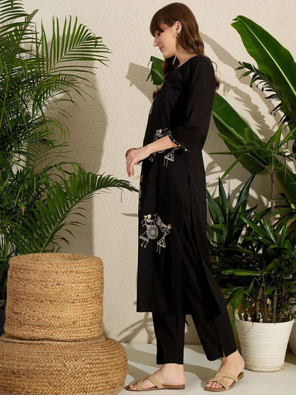 Indyancart IE Embroidered Round Neck Straight Pure Cotton Kurta & Trousers