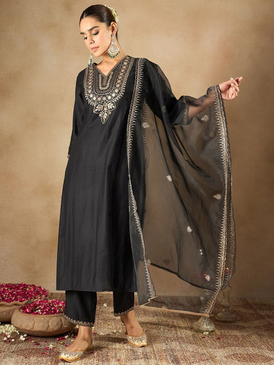Indyancart IE Women Ethnic Motifs Embroidered Regular Liva Kurta with Trousers & With Dupatta