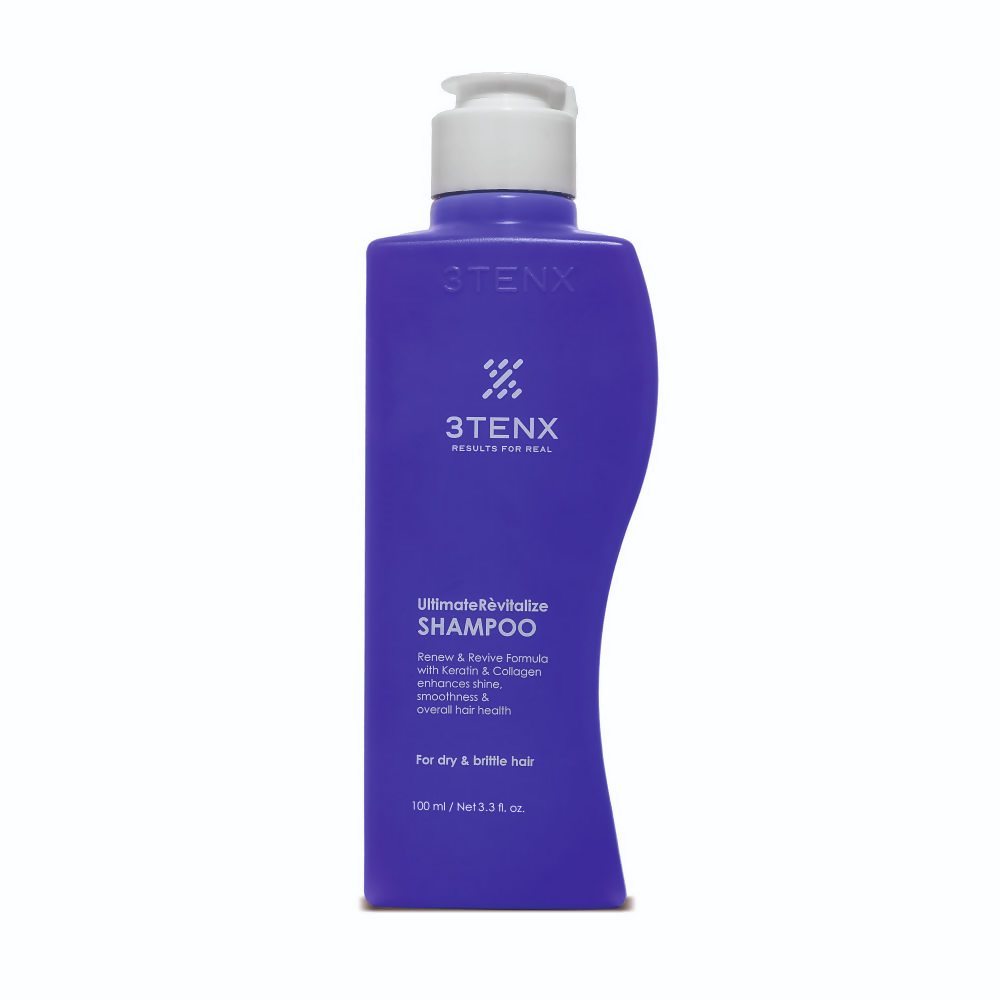 3TENX UltimateRevitalize shampoo bottle for dry, brittle hair with a sleek white and purple design.