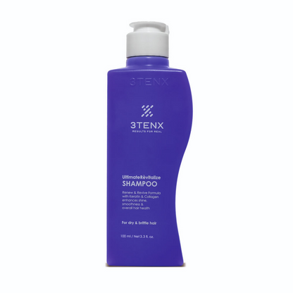 3TENX UltimateRevitalize shampoo bottle for dry, brittle hair with a sleek white and purple design.