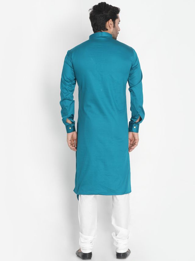 Men's Green Cotton Cotton Satin Asymmetric Kurta Pyjama Set