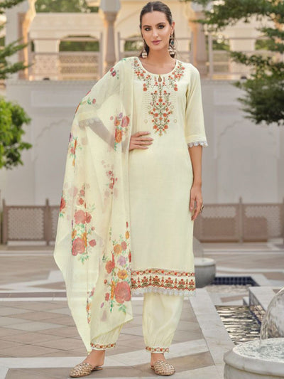 Indyancart VA Women'sFloral Embroidered Key Hole Neck Kurta With Salwar & Dupatta
