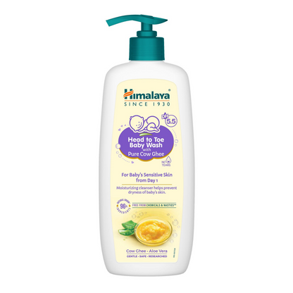 Himalaya Herbals Baby Wash with pure cow ghee, gentle baby care product, showing the bottle with label and baby-themed design.