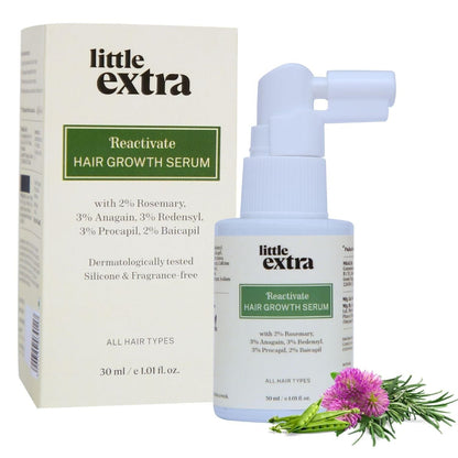 Little Extra Reactivate Hair Growth Serum bottle with applicator tip, designed to boost hair thickness and growth.
