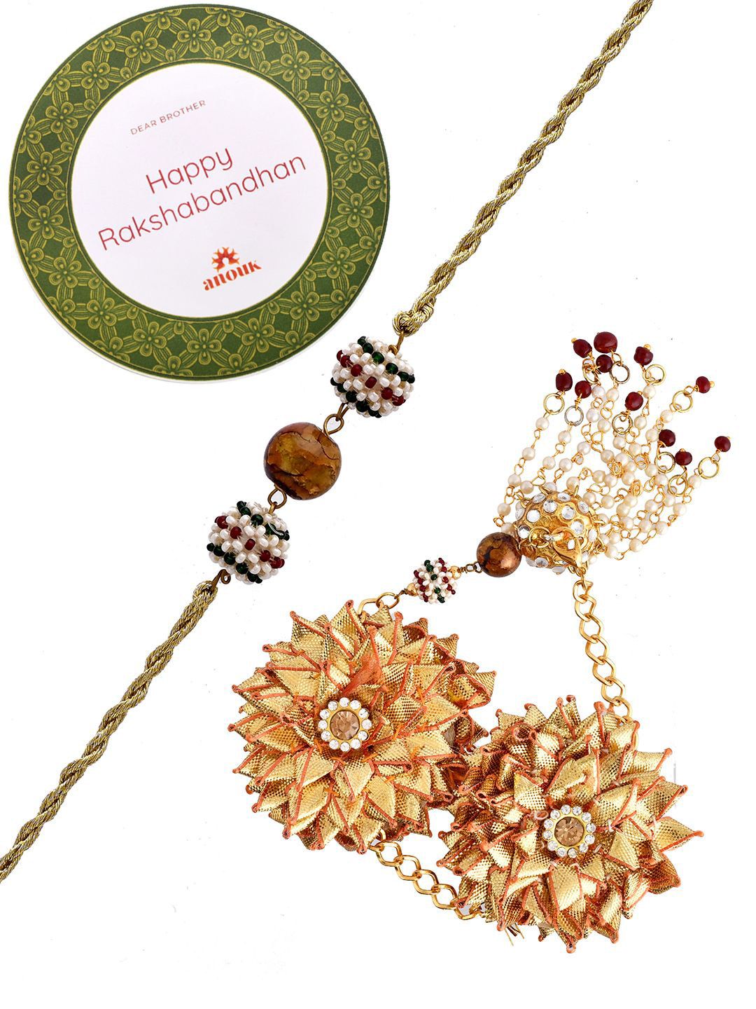 Anouk Gold-Toned Beaded Bhaiya Bhabhi Rakhi With Roli Chawal & Greeting Card