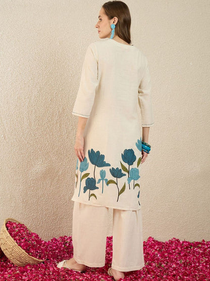 Women Floral Embroidered Regular Thread Work Pure Cotton Kurta with Palazzos