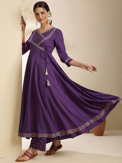 Indyancart SN Women's Embroidered V-Neck Anarkali Kurta With Trouser & Dupatta