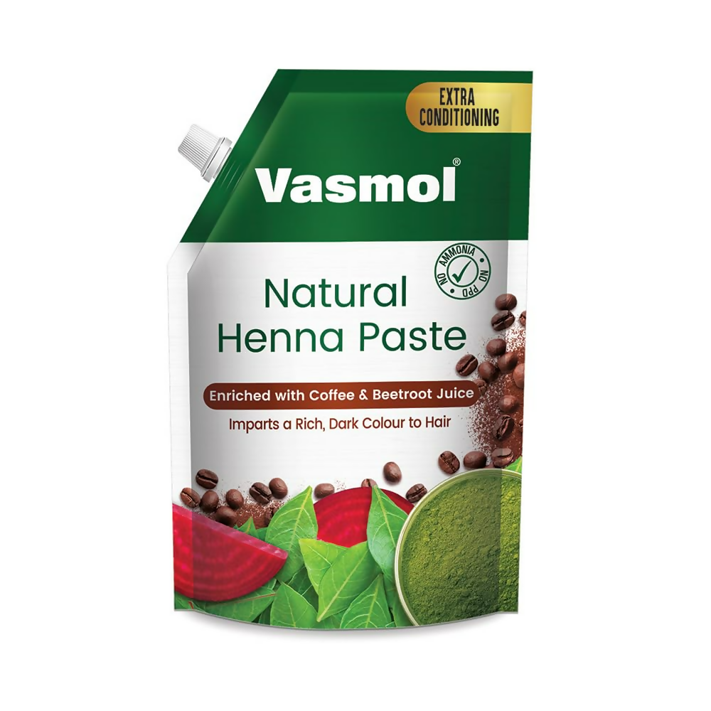 Vasmol Natural Henna Paste ready to use for hair coloring, with a smooth, rich green paste in a plastic container.