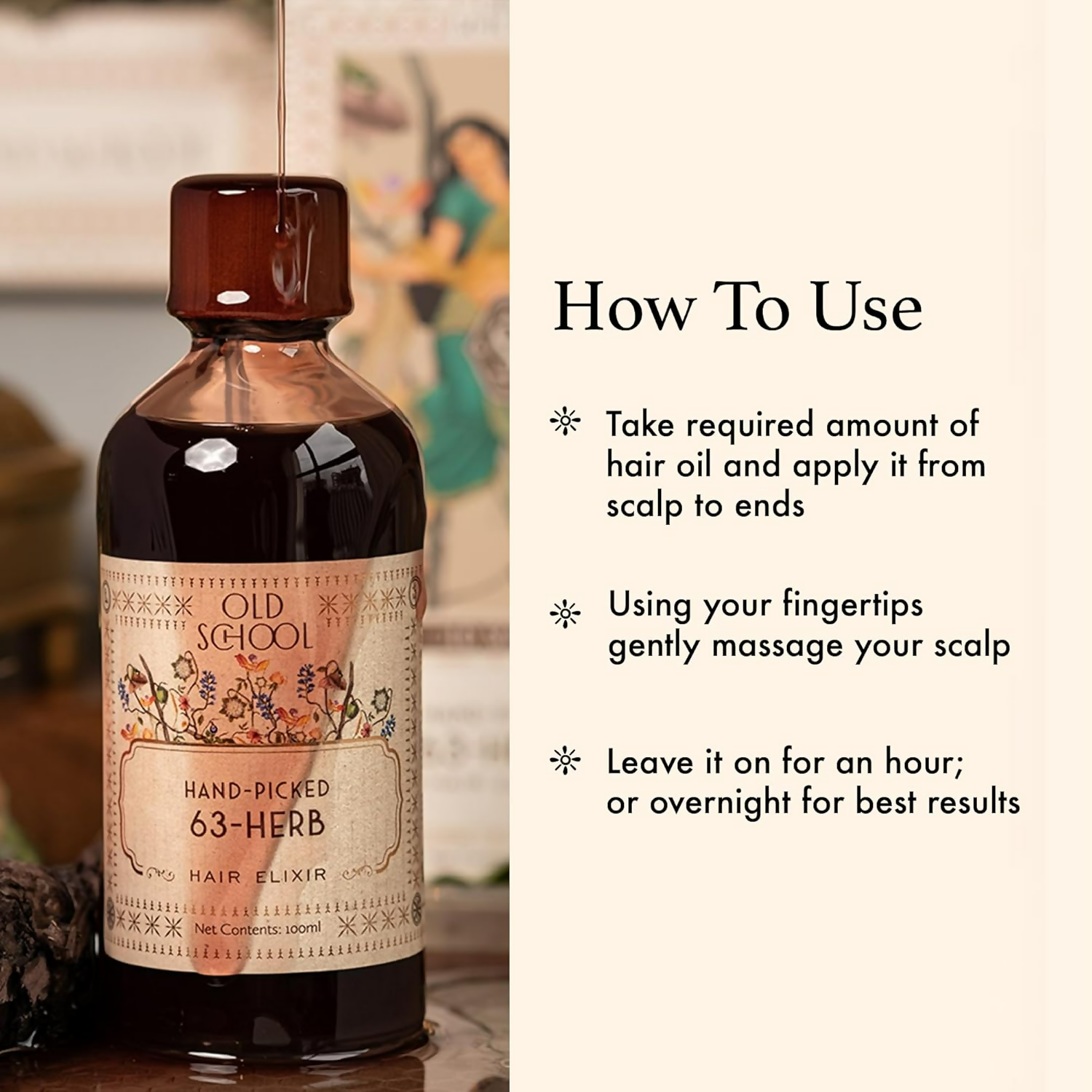 Old School Rituals 63-Herb Hair Elixir bottle of natural hair oil for promoting strong, healthy hair growth.