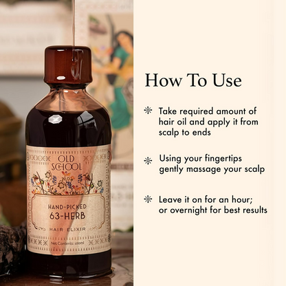 Old School Rituals 63-Herb Hair Elixir bottle of natural hair oil for promoting strong, healthy hair growth.