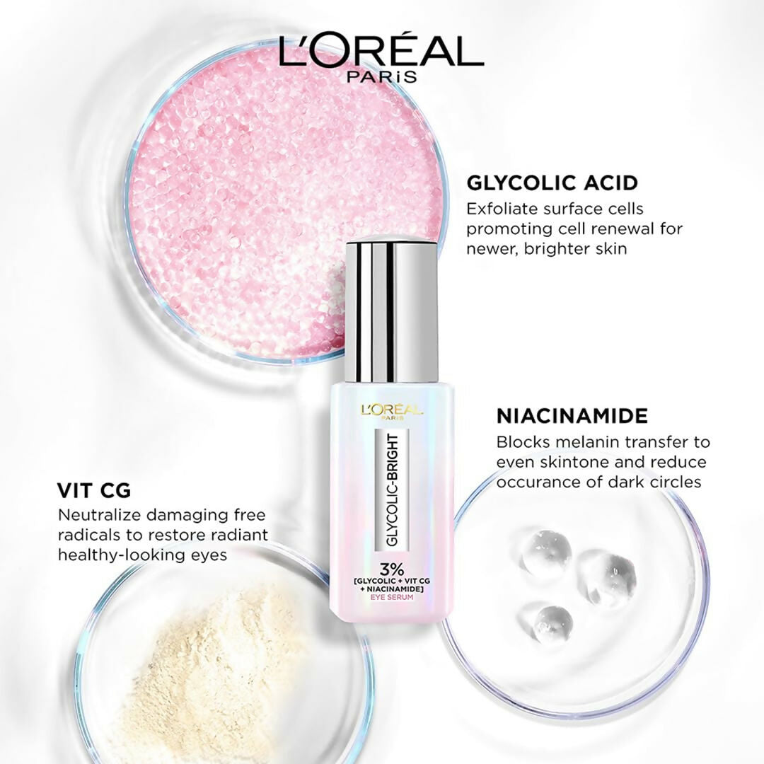 L'Oreal Paris Glycolic Bright Dark Circle Eye Serum with glycolic acid, vitamin Cg, and niacinamide in a sleek under-eye serum bottle
