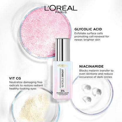 L'Oreal Paris Glycolic Bright Dark Circle Eye Serum with glycolic acid, vitamin Cg, and niacinamide in a sleek under-eye serum bottle