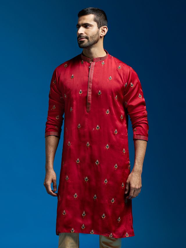 Men's Maroon Silk Blend Straight Kurta
