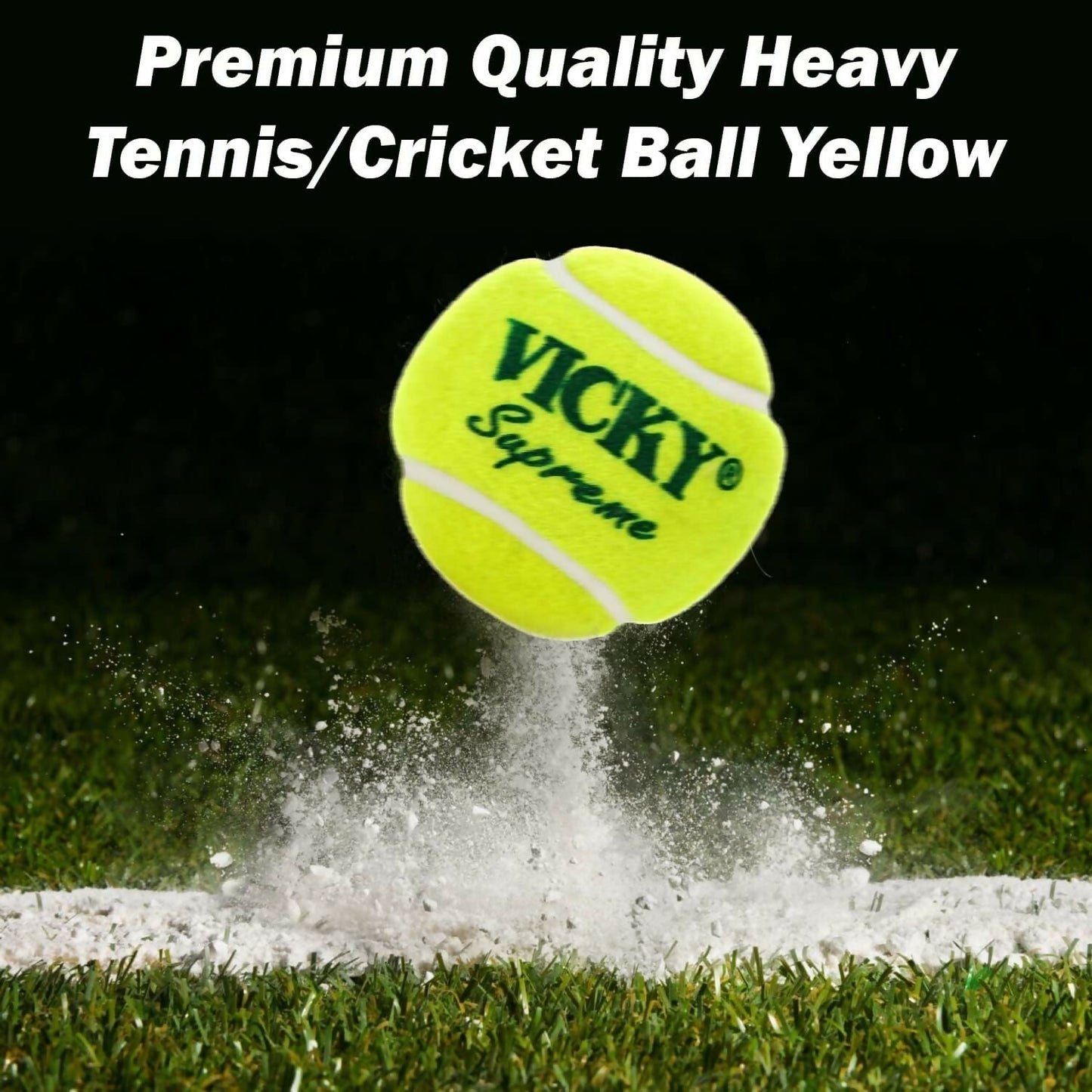 Vicky Supreme yellow tennis and cricket ball with heavy, durable rubber design for versatile sports use.