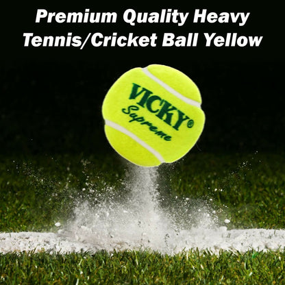 Vicky Supreme yellow tennis and cricket ball with heavy, durable rubber design for versatile sports use.