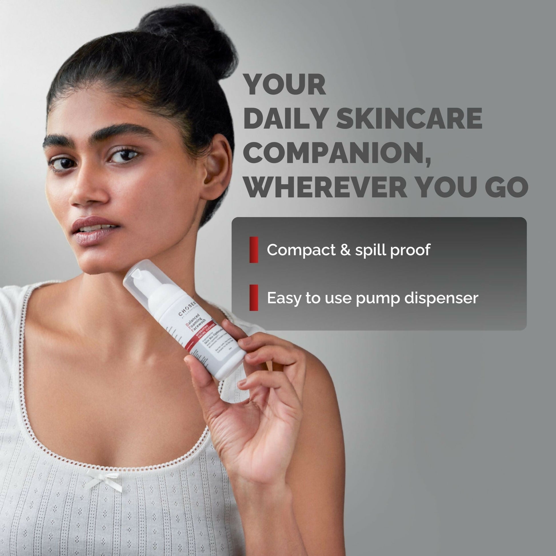 Chosen Balanced Foaming Facewash daily cleanser with Optimsm, showing a foaming face wash bottle with a pump dispenser.