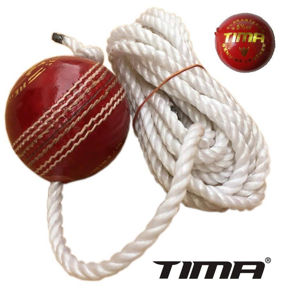 Tima leather cricket shot practice hanging ball for batting training, shown hanging and ready for practice drills.