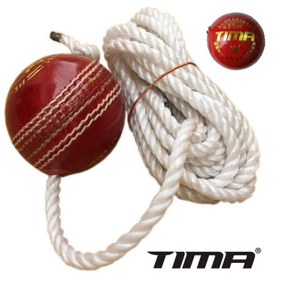 Tima leather cricket shot practice hanging ball for batting training, shown hanging and ready for practice drills.