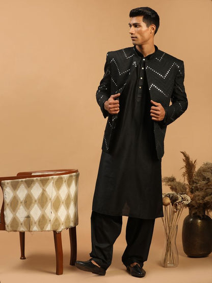 Men's Black Viscose Straight Jacket  Kurta and Pyjama Set