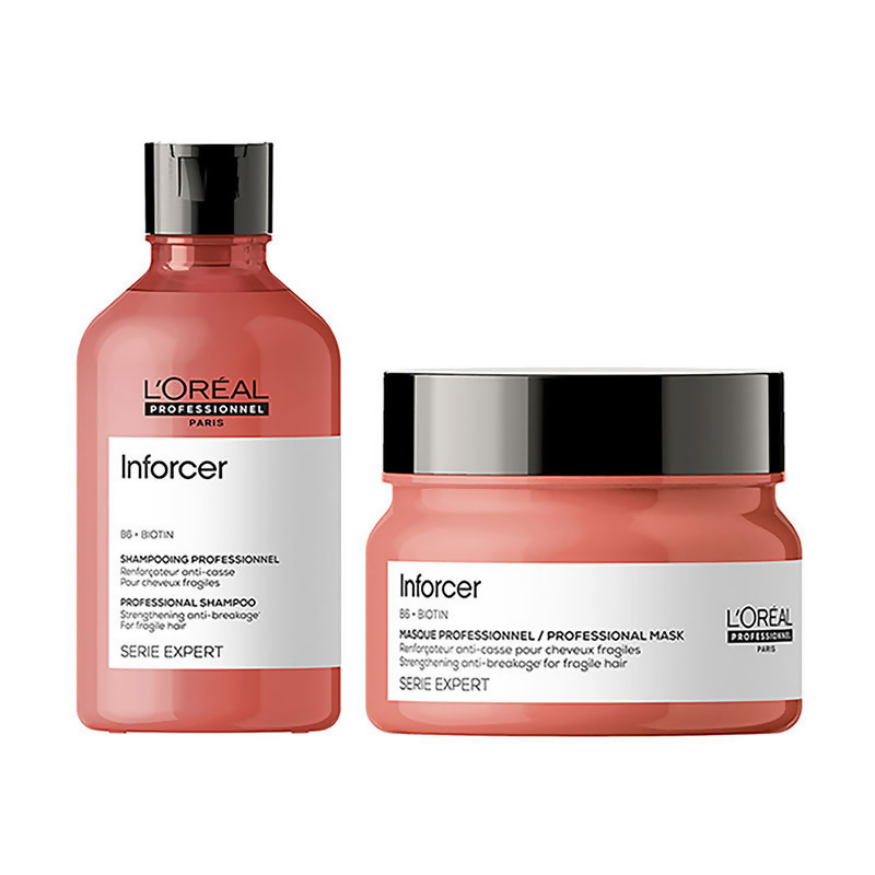 L'Oreal Paris Inforcer strengthening shampoo and hair mask duo from Serie Expert, with nourishing hair care products.