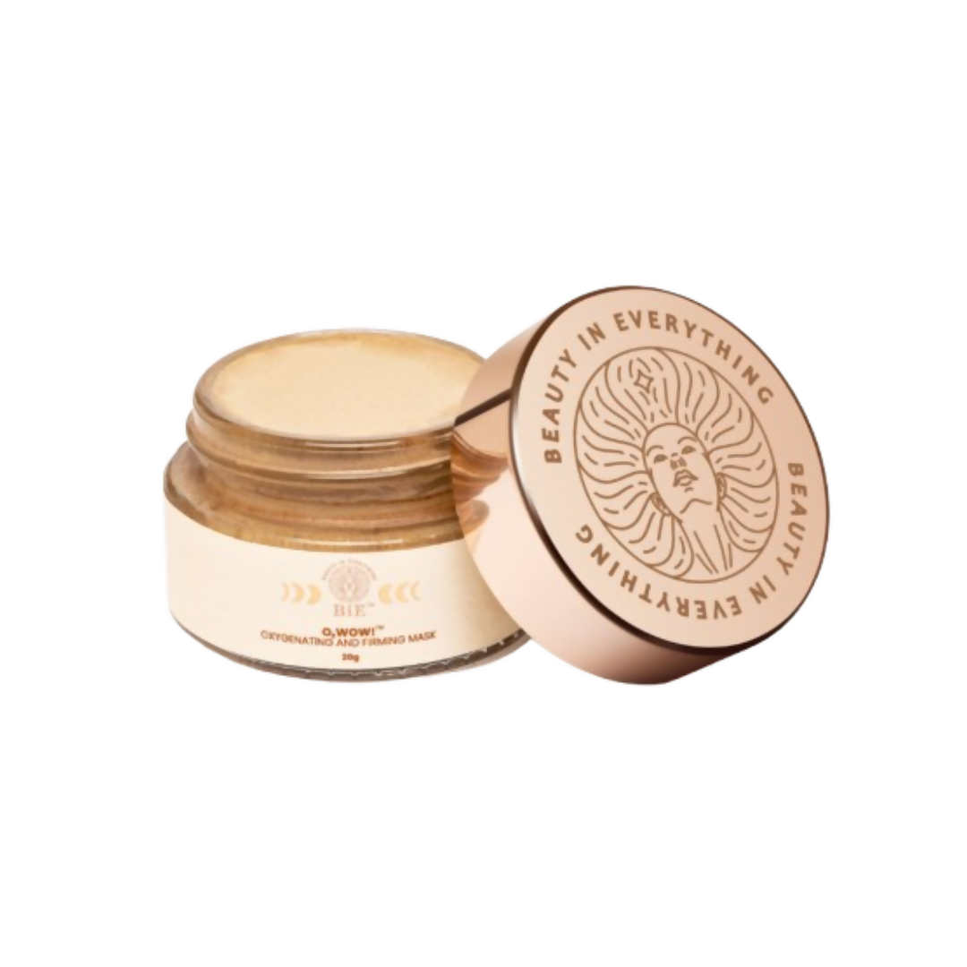 BiE O2wow oxygenating face mask with brightening and firming effects, showing the mask's texture and packaging.