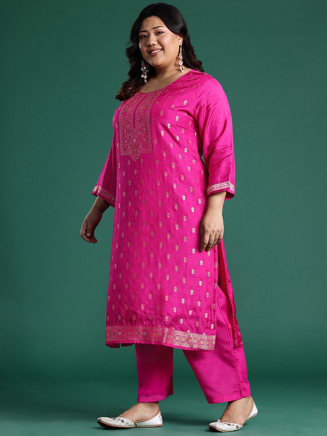 Indyancart Women's Plus Size Woven Design Kurta with Palazzos & Dupatta