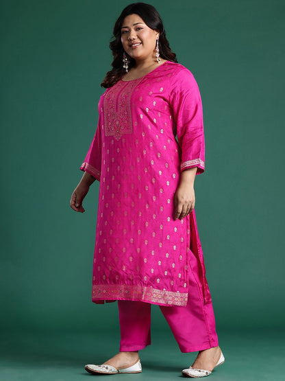 Indyancart Women's Plus Size Woven Design Kurta with Palazzos & Dupatta