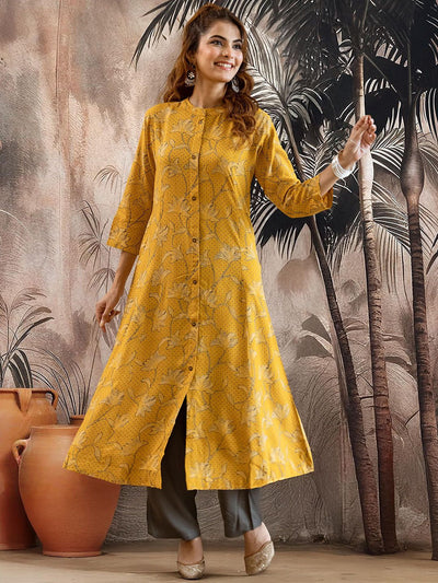 Indyancart SN Women's Floral Printed Mandarin Collar Pure Cotton Straight Kurta & Trousers