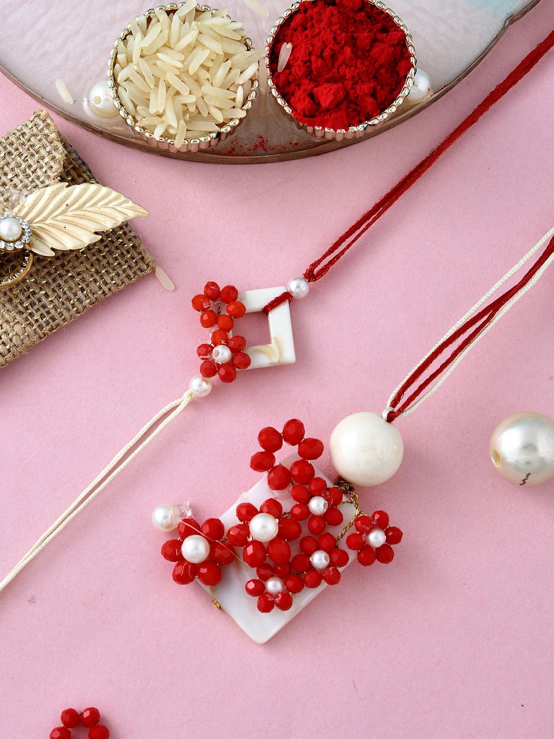 Anouk Yellow Pearl-Beaded Bhaiya Bhabhi Rakhi With Roli Chawal & Greeting Card