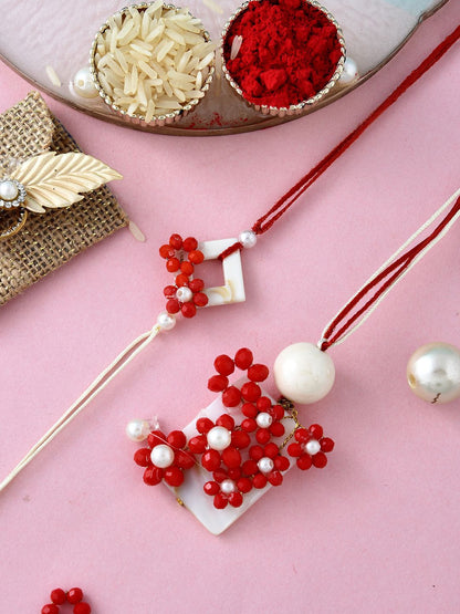 Anouk Yellow Pearl-Beaded Bhaiya Bhabhi Rakhi With Roli Chawal & Greeting Card