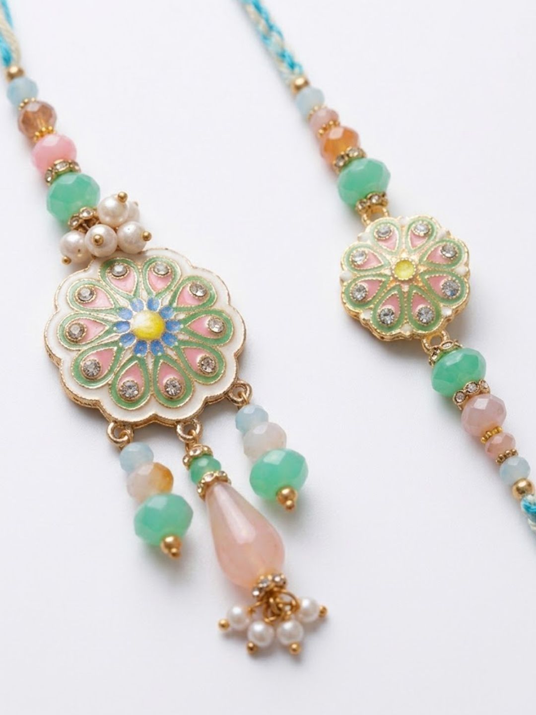 Anouk Set Of 2 Round Artificial Beads Traditional Bhaiya Bhabhi Rakhi With Roli Chawal