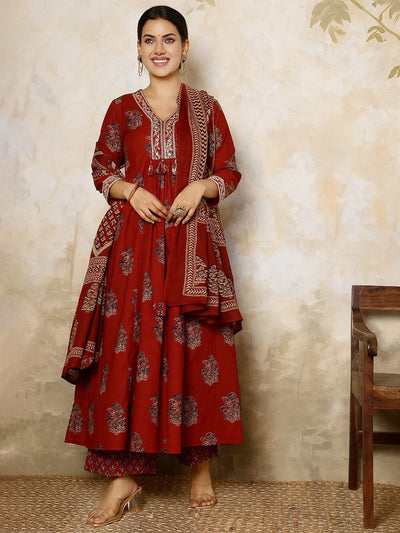 Indyancart SN Women's Ethnic Motifs Printed Pure Cotton Anarkali Kurta with Palazzo & Dupatta
