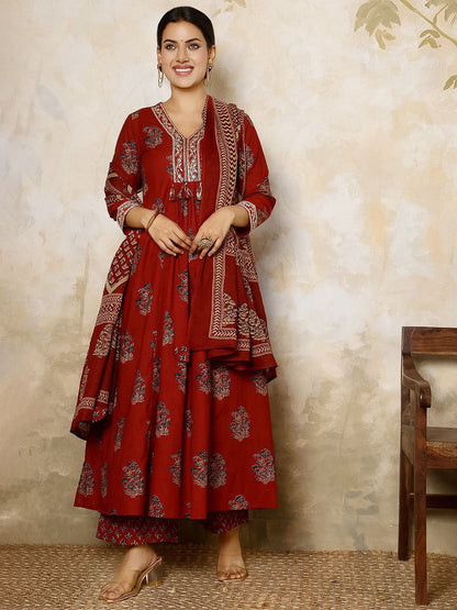 Dhiyona SN Women's Ethnic Motifs Printed Pure Cotton Anarkali Kurta with Palazzo & Dupatta