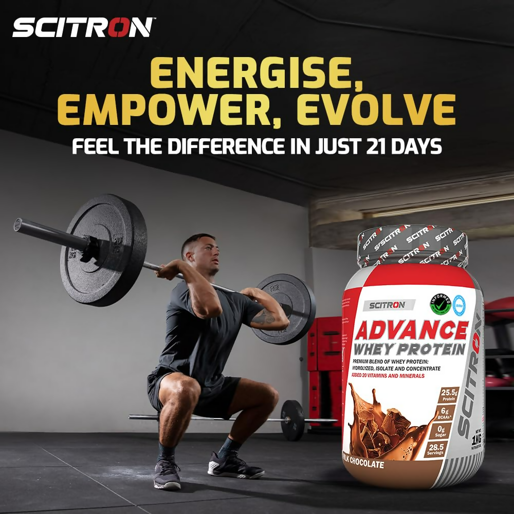 Scitron Advance Whey Protein health drink with milk chocolate flavor, showing the bottle with the chocolate-colored label.