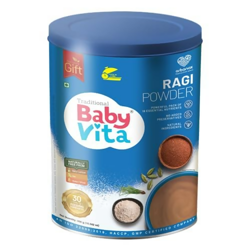 Babyvita Arbanox Ragi Powder, nutrient-rich baby milk powder in a jar with a scoop and packaging, suitable for young children.
