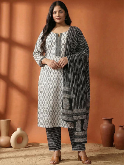 Indyancart Women's Ethnic Motifs Printed Regular Pure Cotton Kurta with Trousers & With Dupatta