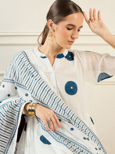 Indyancart IE Geometric Printed Band Collar Pure Cotton A-Line Kurta with Trousers & Dupatta