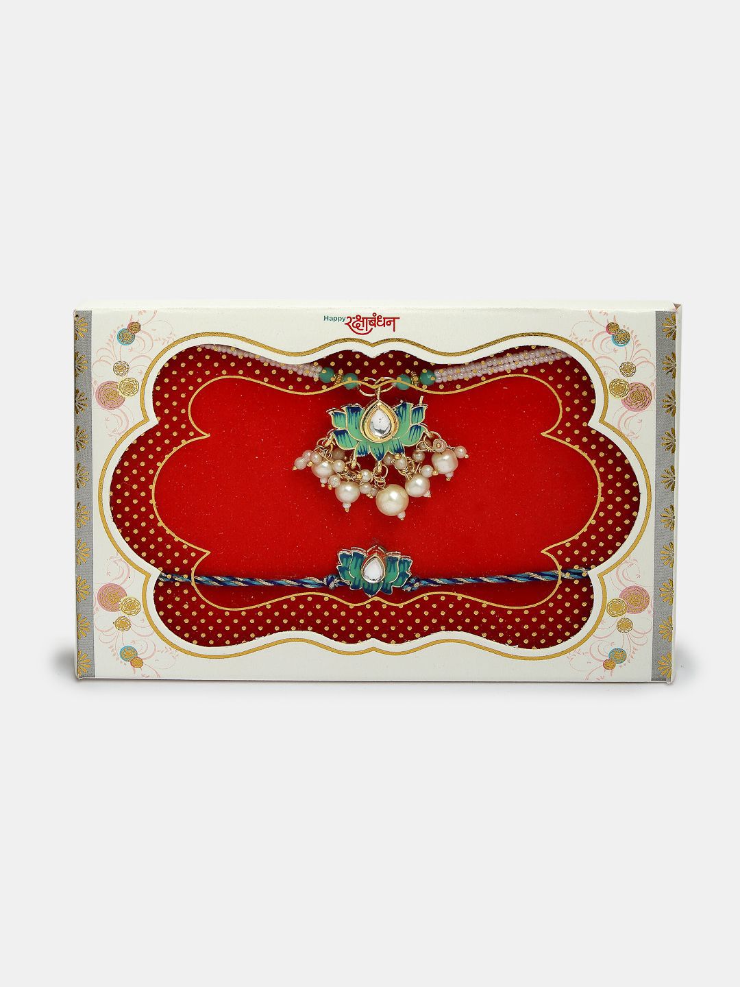 Anouk Kundan Studded And Beaded Lotus Shape Bhaiya Bhabhi Rakhis With Roli Chawal
