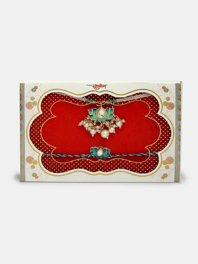 Indyancart Kundan Studded And Beaded Lotus Shape Bhaiya Bhabhi Rakhis With Roli Chawal