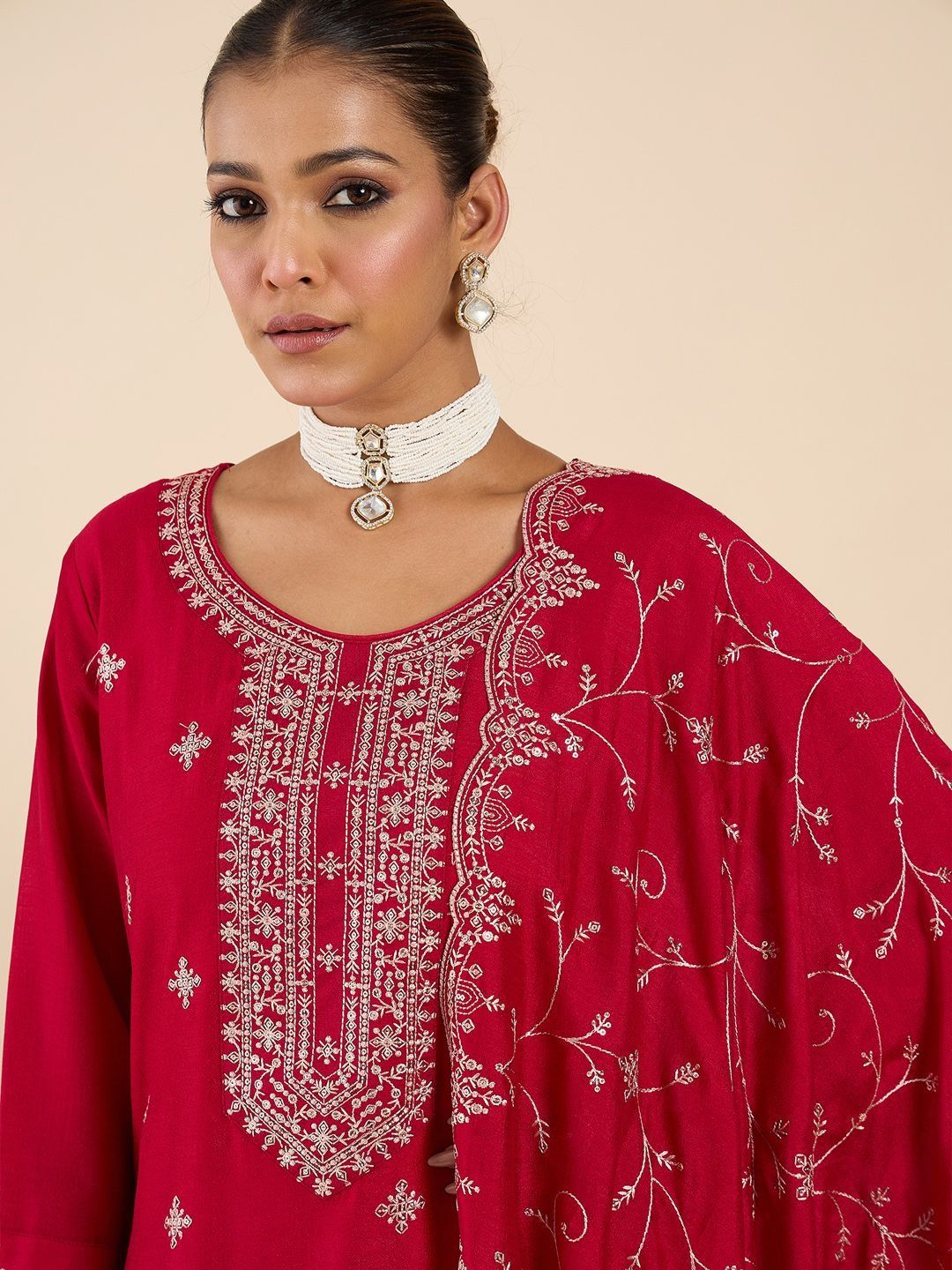 Floral Embroidered Round Neck Regular Straight Kurta With Trousers & Dupatta