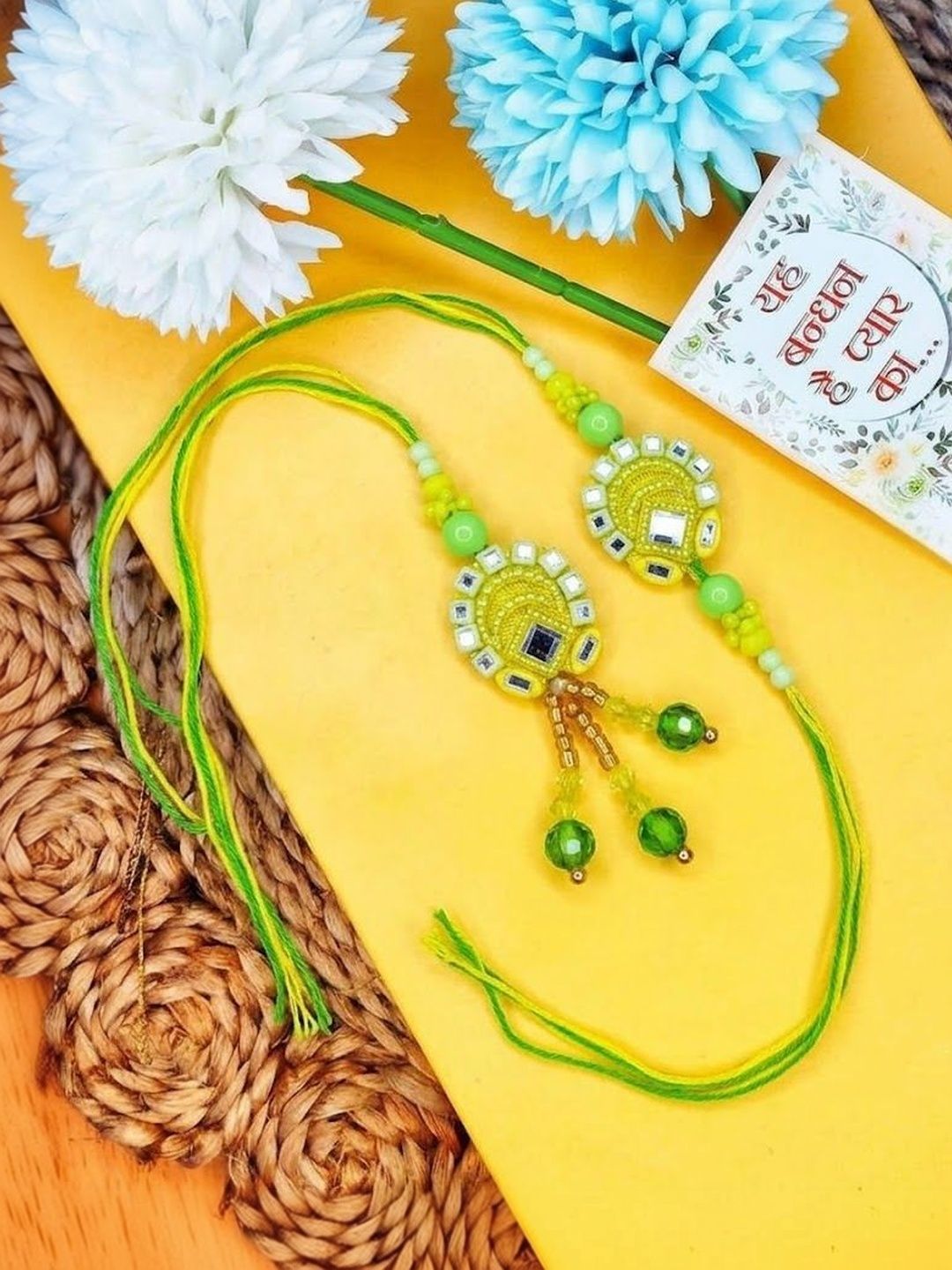 Anouk Set Of 2 Artificial Beads Mirror Work Bhaiya Bhabhi Rakhi With Roli Chawal Chandan