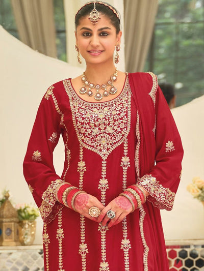 Indyancart IE Ethnic Motifs Embroidered Straight Kurta With Palazzos & Dupatta