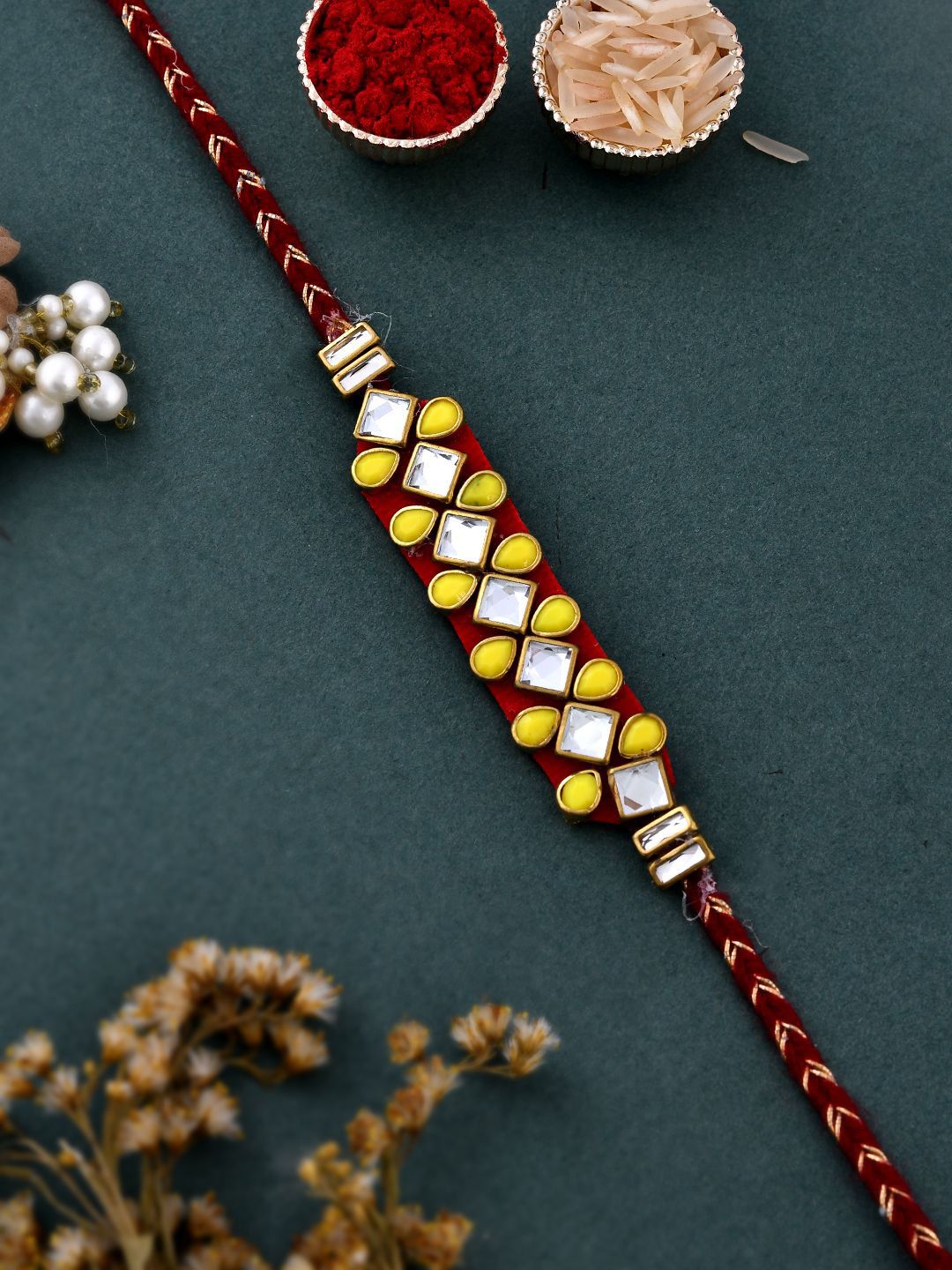 Anouk Set Of 4 Red Kundan-Studded & Beaded Rakhi With Roli Rice & Greeting Card