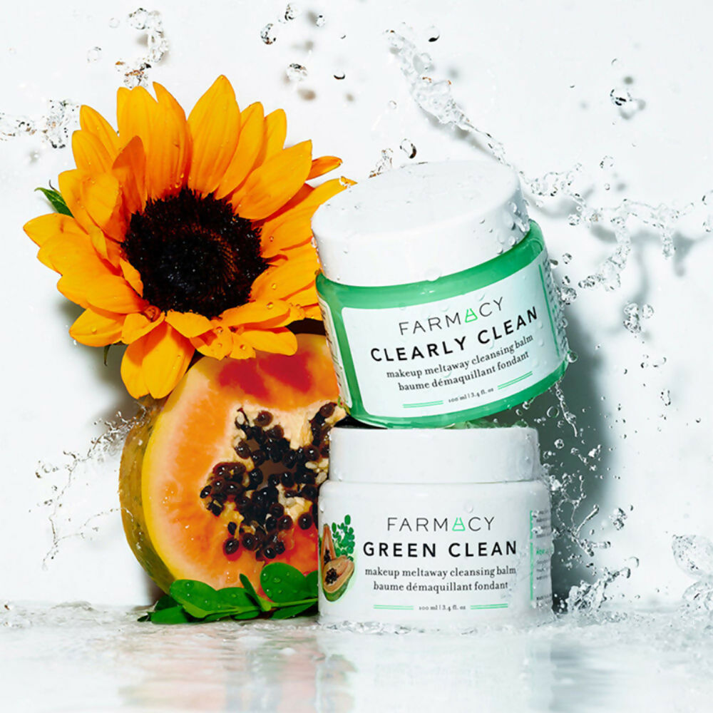 Farmacy Clearly Clean Makeup Meltaway Cleansing Balm in a jar, creamy facial cleanser for removing makeup and impurities.