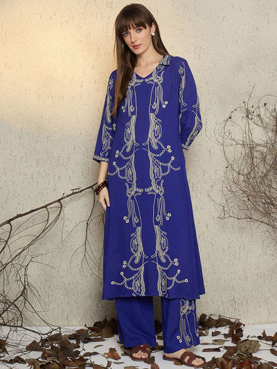 Indyancart IE Women Printed Regular Beads and Stones Kurta with Trousers