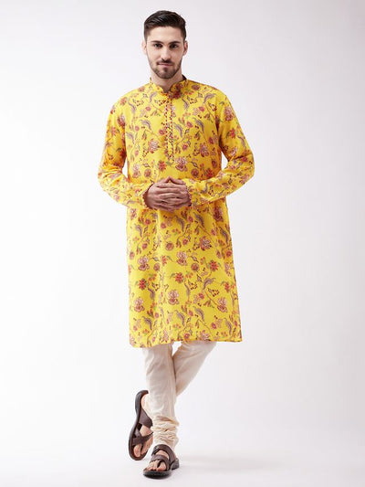 Men's MulticolorBaseMustard Muslin Straight Kurta Pyjama Set